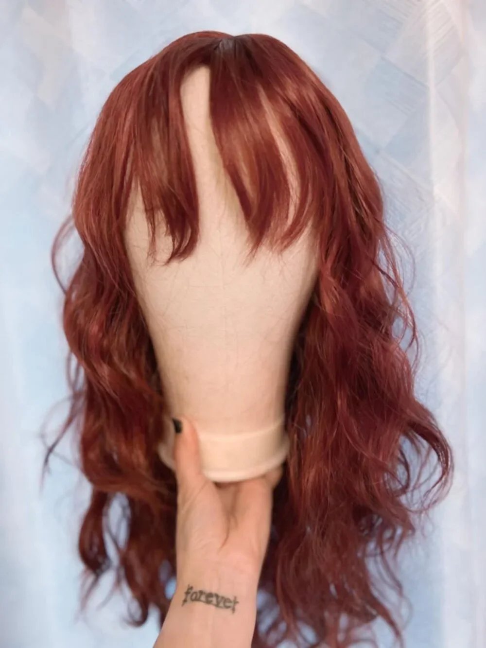 Women's 26 Inch Copper Red Wavy Layered Wig Curtain Bang Butterfly Haircut Style